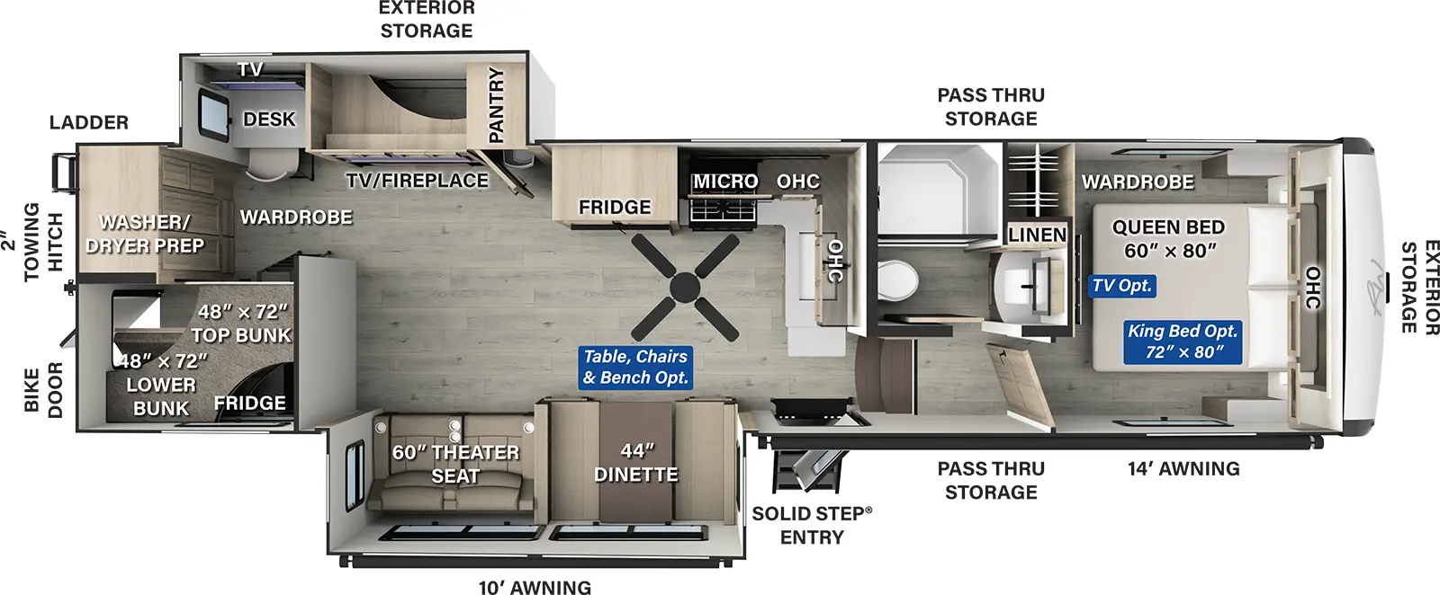 The Rockwood Signature Fifth Wheels R378BH floorplan has one entry and two slide outs. Exterior features include: fiberglass exterior and 10' & 14' awning. Interiors features include: bunk beds and front bedroom.